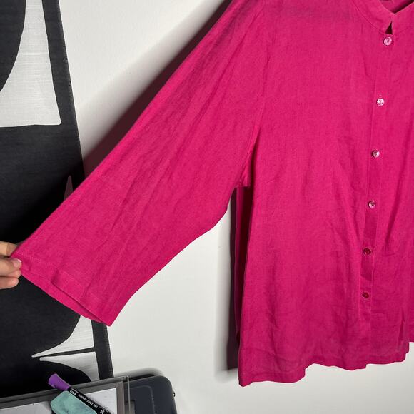 Eileen Fisher Blouse Womens 1X Plus Pink Irish Linen Mandarin Collar Button Down - Picture 4 of 10